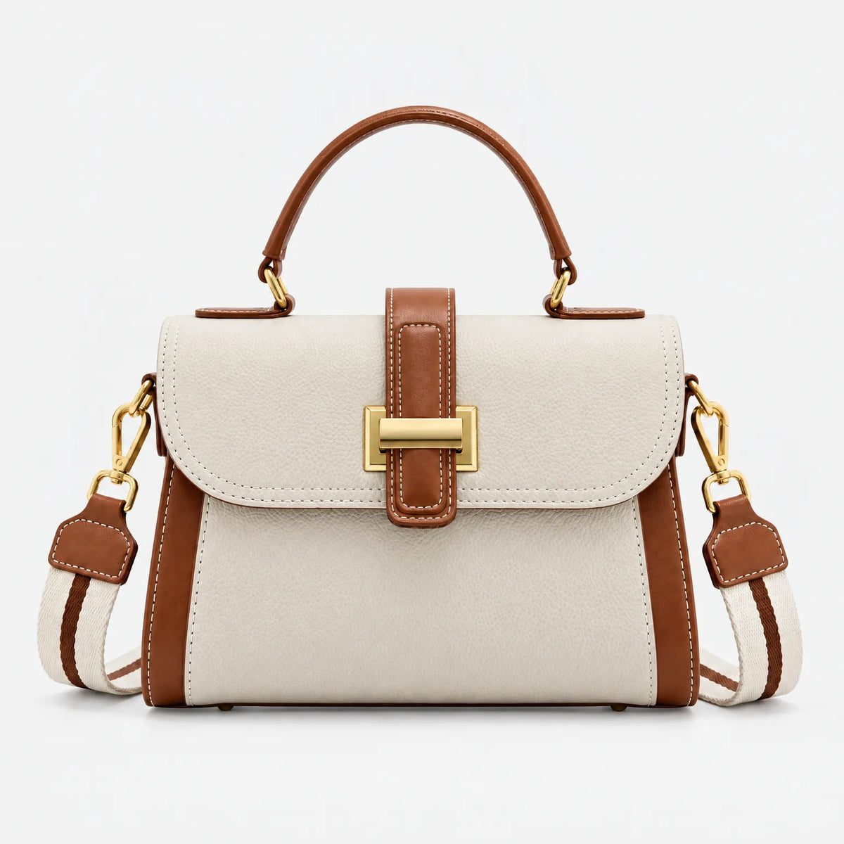 Structured crossbody handbag with flap clasp, top handle and wide shoulder strap