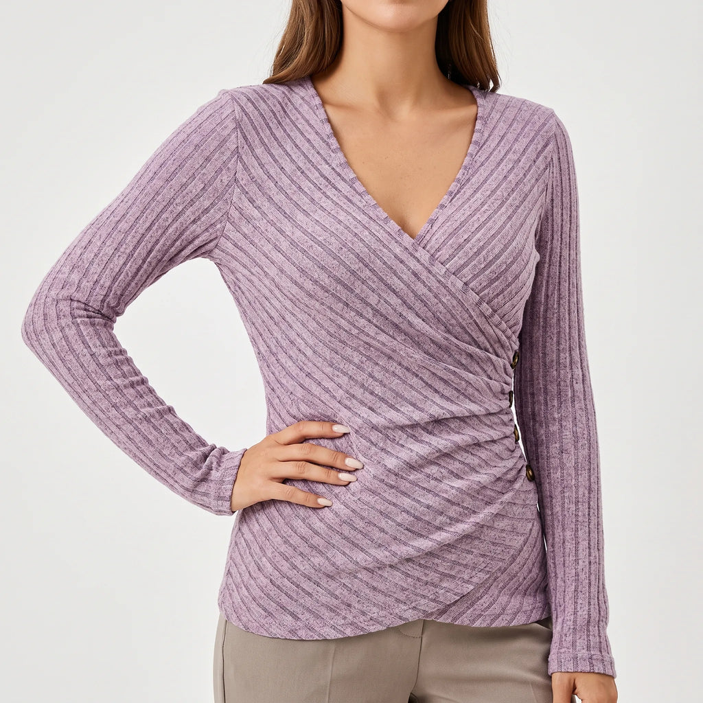 Women's ribbed wrap-front top with long sleeves, V-neckline and side buttons