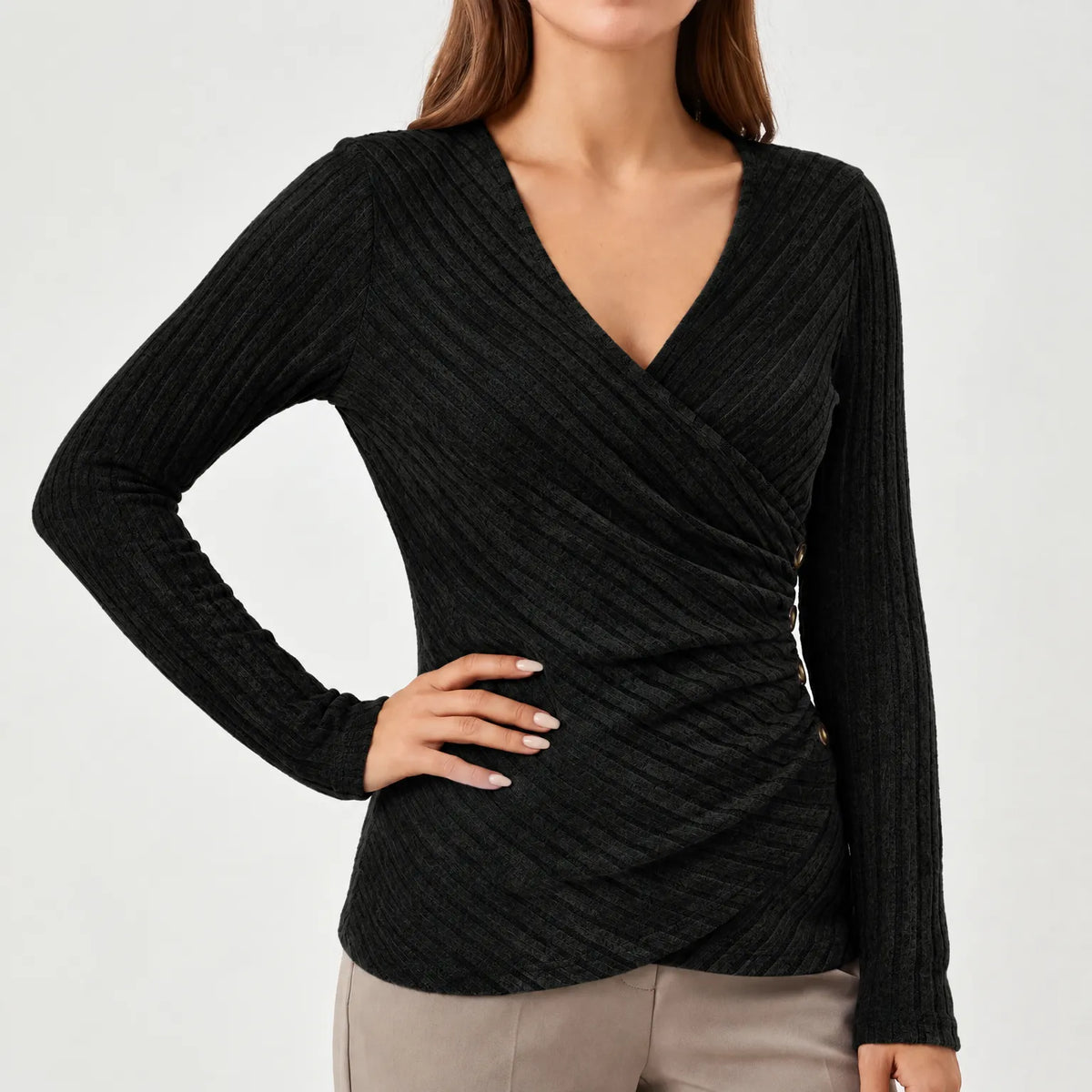 Women's ribbed wrap-front top with long sleeves, V-neckline and side buttons