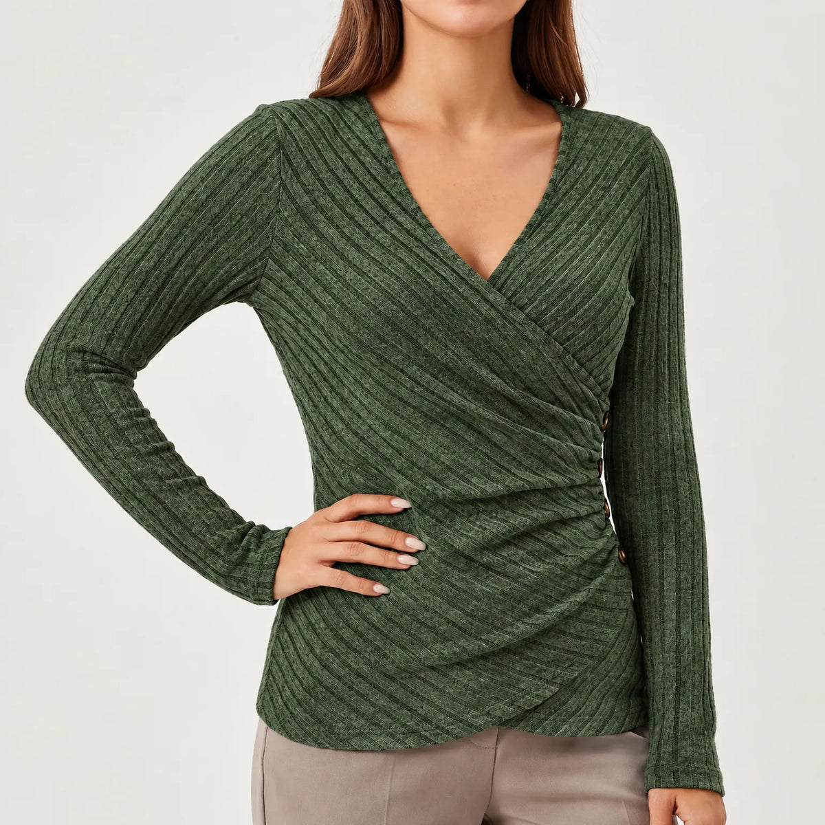 Women's ribbed wrap-front top with long sleeves, V-neckline and side buttons