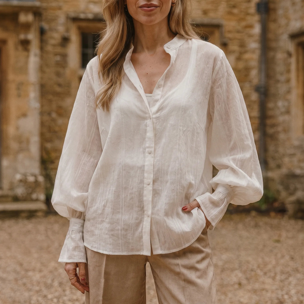 Vivala  - Womens White Shirt Blouse With Bishop Sleeves Smart Casual Wear