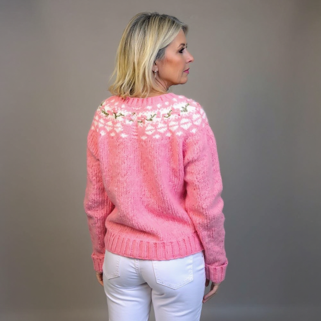 Women's pink knitted cardigan with floral yoke and button front