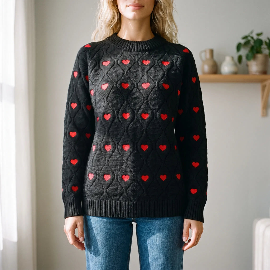 Women's textured jumper with red heart motif and diamond-knit pattern