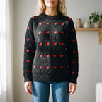 Women's textured jumper with red heart motif and diamond-knit pattern