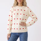 Women's textured jumper with red heart motif and diamond-knit pattern