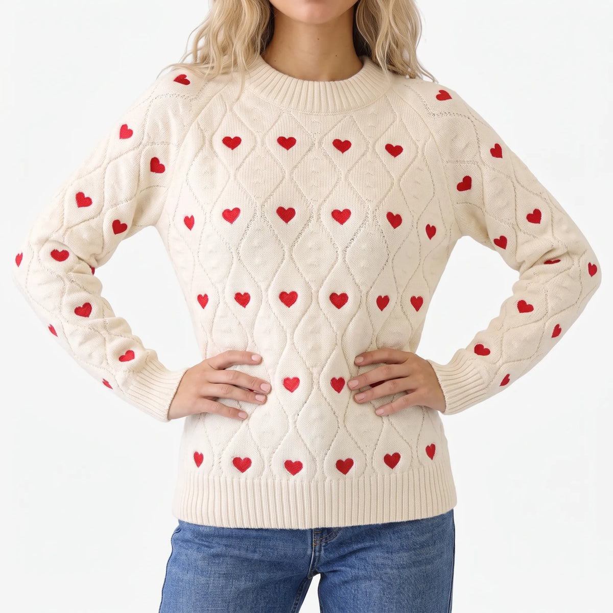 Women's textured jumper with red heart motif and diamond-knit pattern
