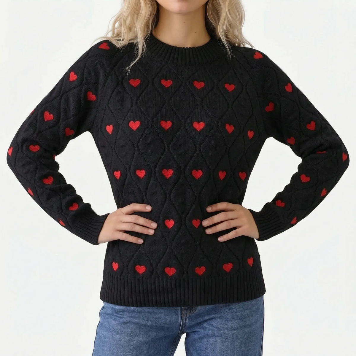 Women's textured jumper with red heart motif and diamond-knit pattern