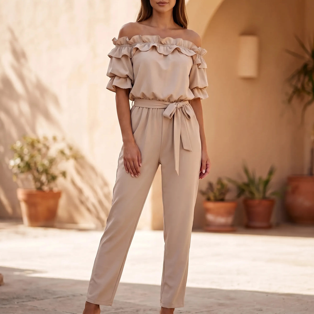 Volanta  - Off-Shoulder Ruffled Summer Jumpsuit Wedding Guest Attire