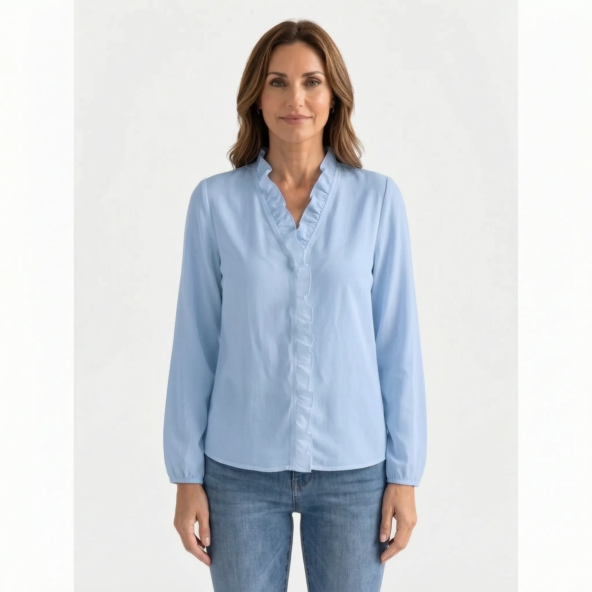 Women's long-sleeve blouse with ruffled V-neckline and centre-front trim