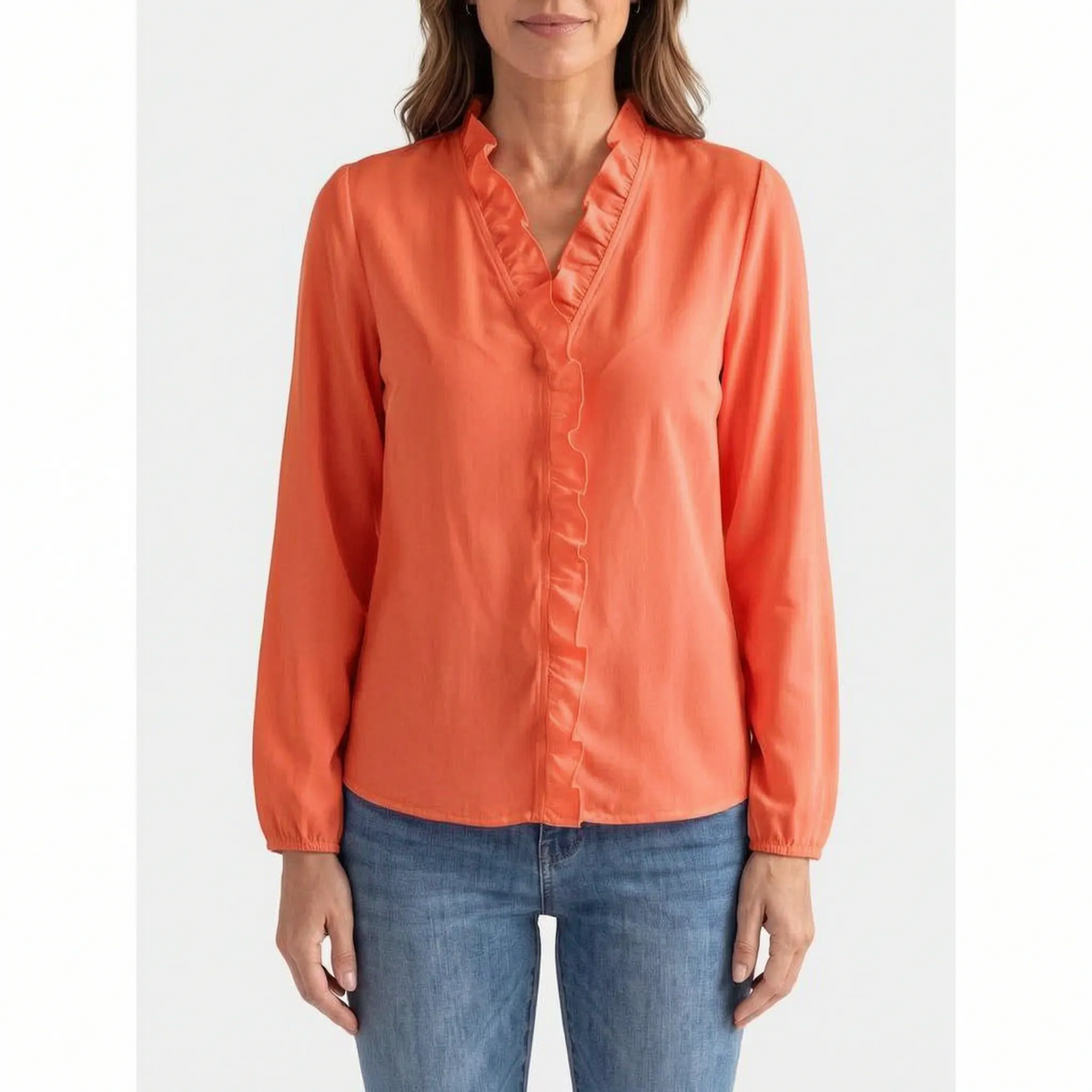 Women's long-sleeve blouse with ruffled V-neckline and centre-front trim
