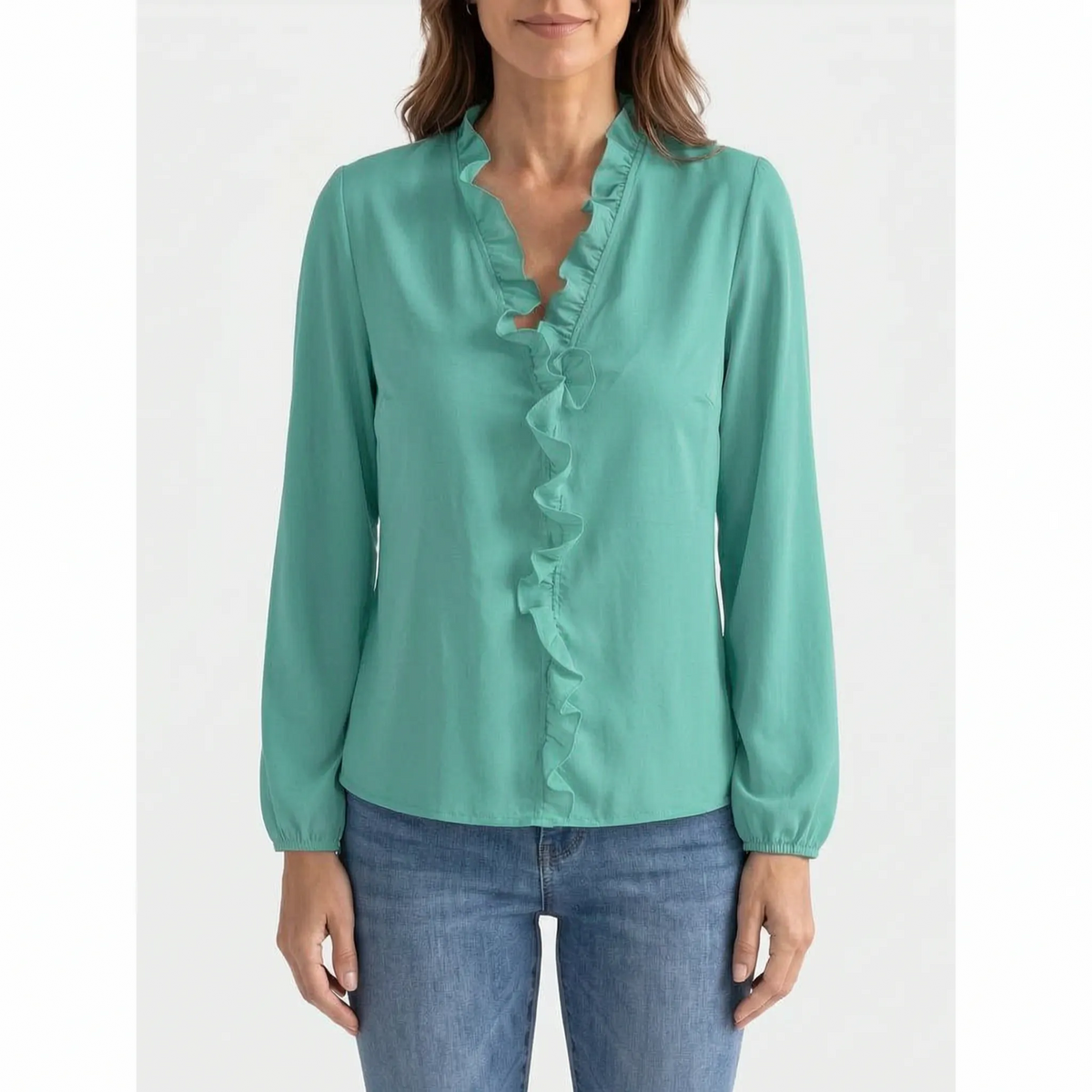 Women's long-sleeve blouse with ruffled V-neckline and centre-front trim