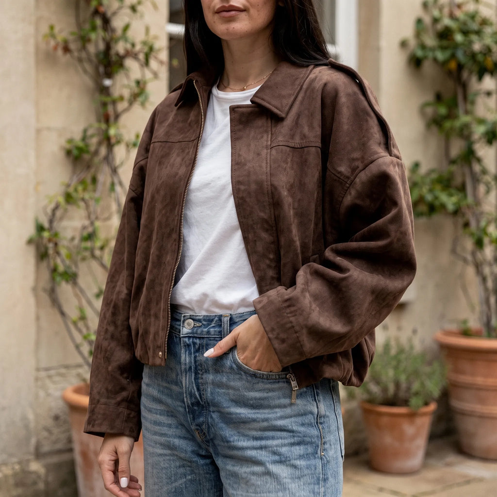 Volsura  - Wide Sleeve Cropped Bomber Jacket Layering Over T-Shirts