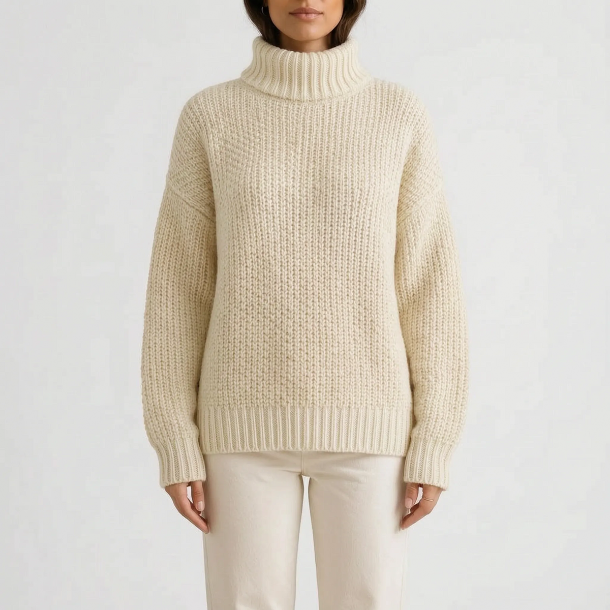 Women's oversized chunky textured turtleneck jumper with long sleeves