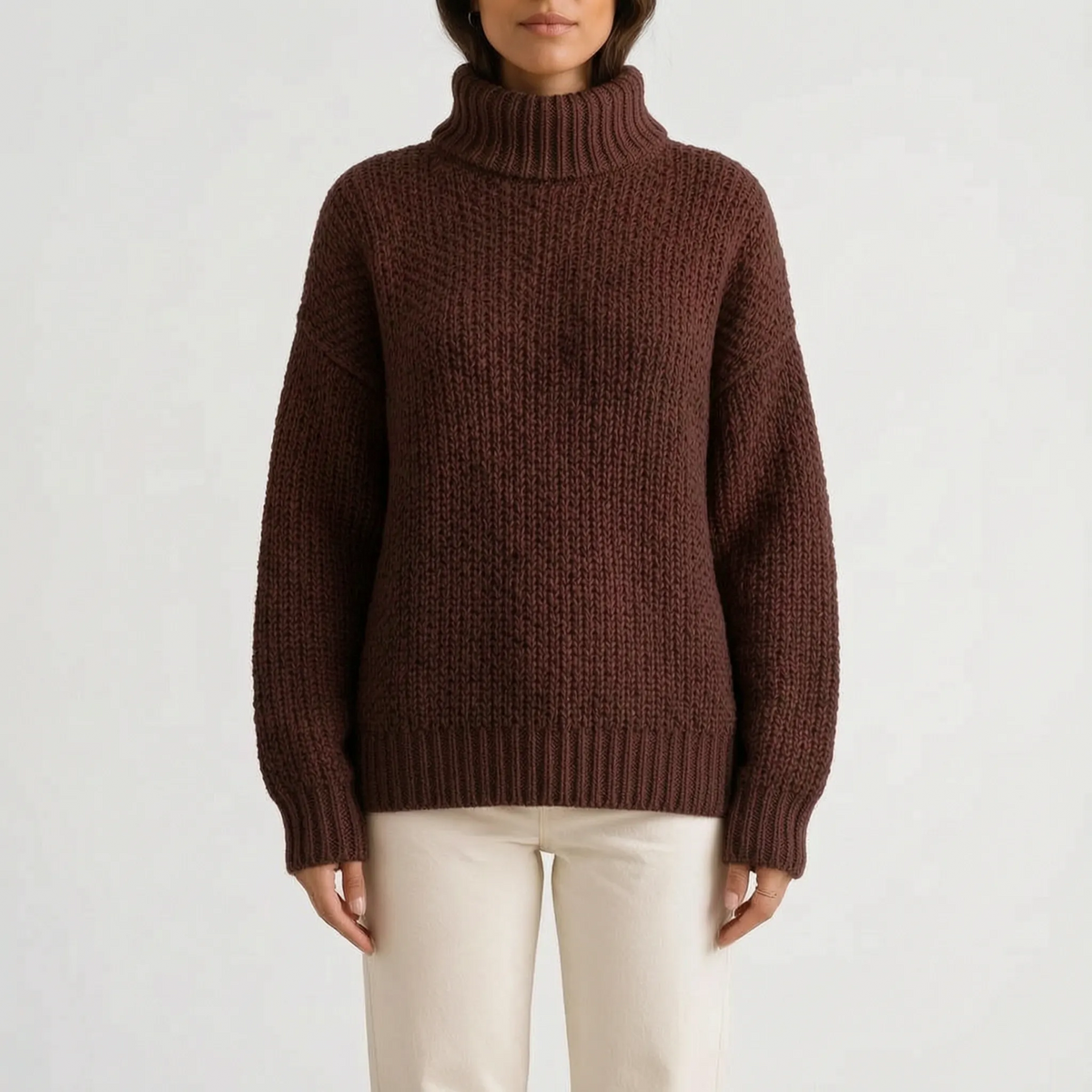 Women's oversized chunky textured turtleneck jumper with long sleeves