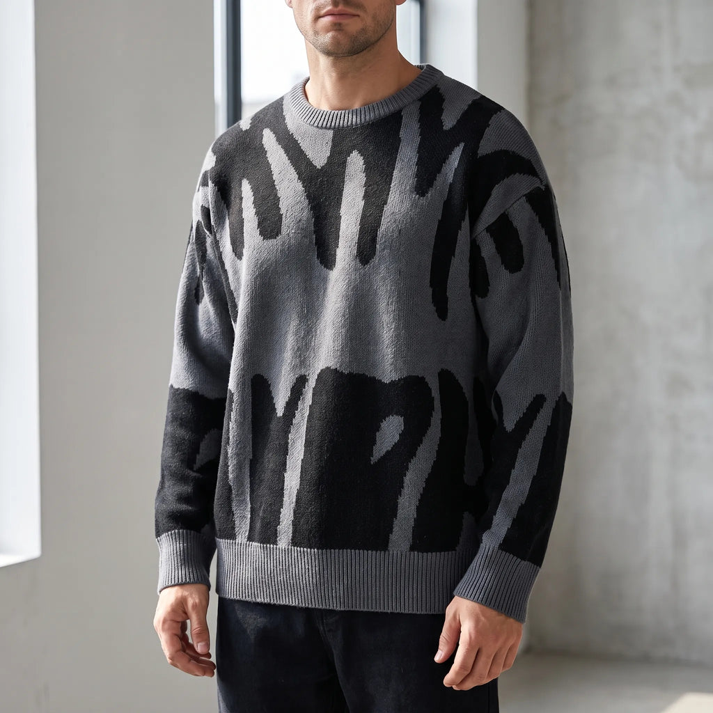 Men's grey and black abstract graphic crew neck jumper with long sleeves