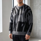 Men's grey and black abstract graphic crew neck jumper with long sleeves