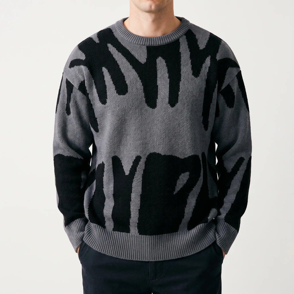 Men's grey and black abstract graphic crew neck jumper with long sleeves