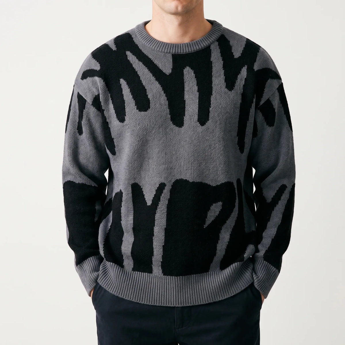Men's grey and black abstract graphic crew neck jumper with long sleeves