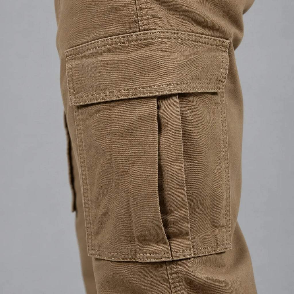 Men's relaxed fit cargo trousers with flap utility pockets and straight full-length legs