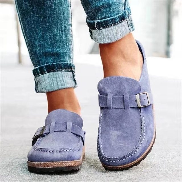 Women's slip-on loafers with buckle straps and round toes