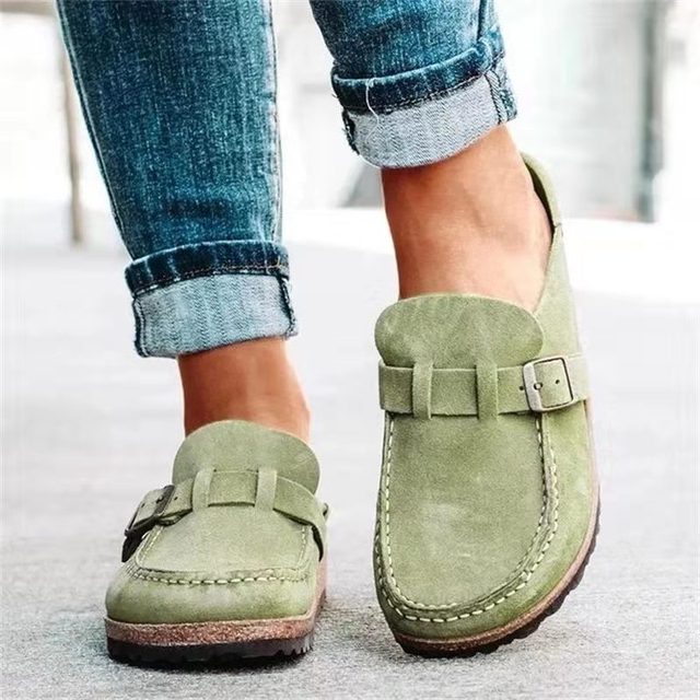 Women's slip-on loafers with buckle straps and round toes