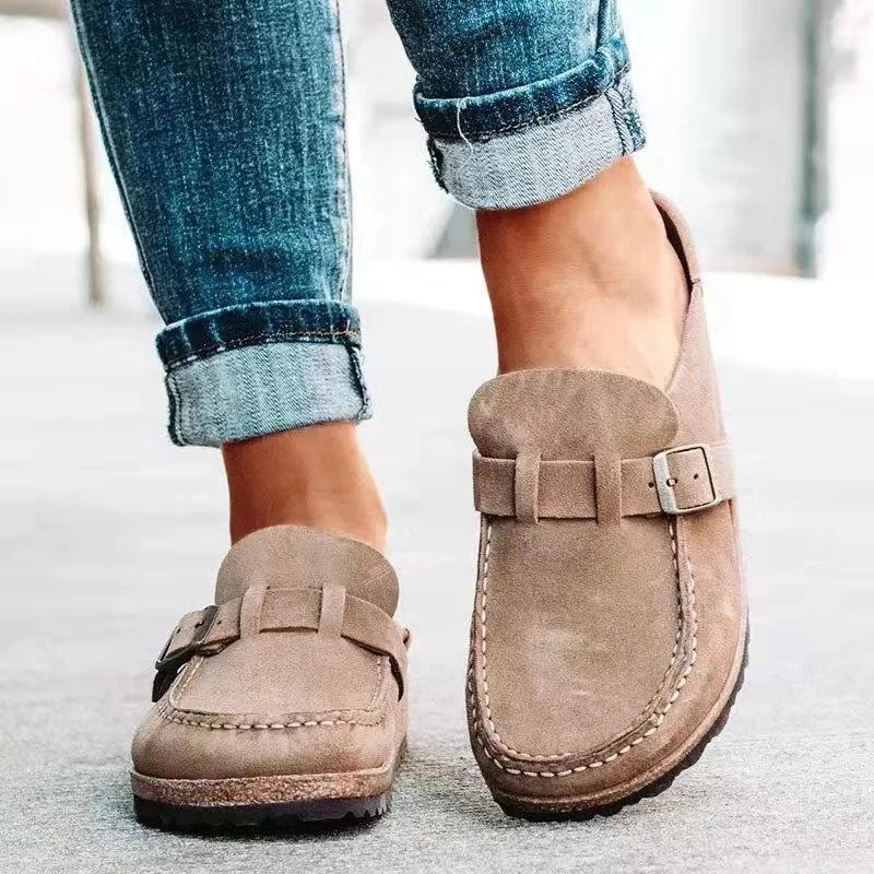 Women's slip-on loafers with buckle straps and round toes