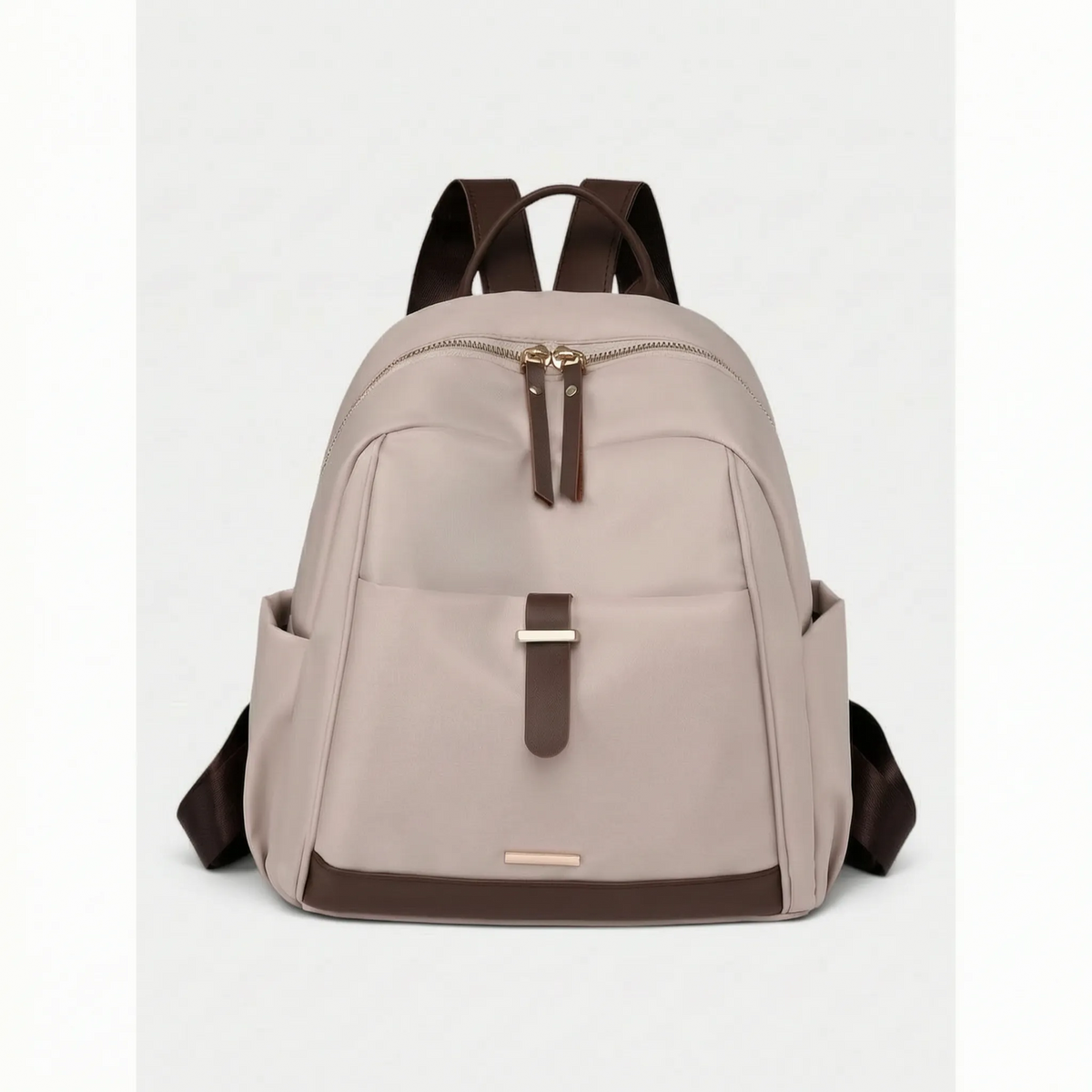 Large structured women's rucksack with front zip pocket, side pockets and top handle