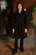 Women's black double breasted belted coat with lapels and long sleeves