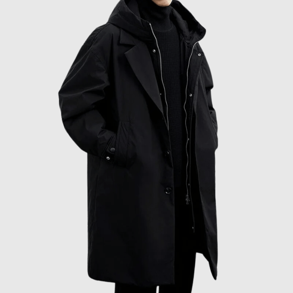 Men's long hooded raincoat with lapel collar, button front and side pockets