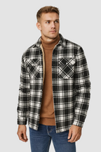 Men's checked shirt jacket with button front, chest pockets and fleece lining