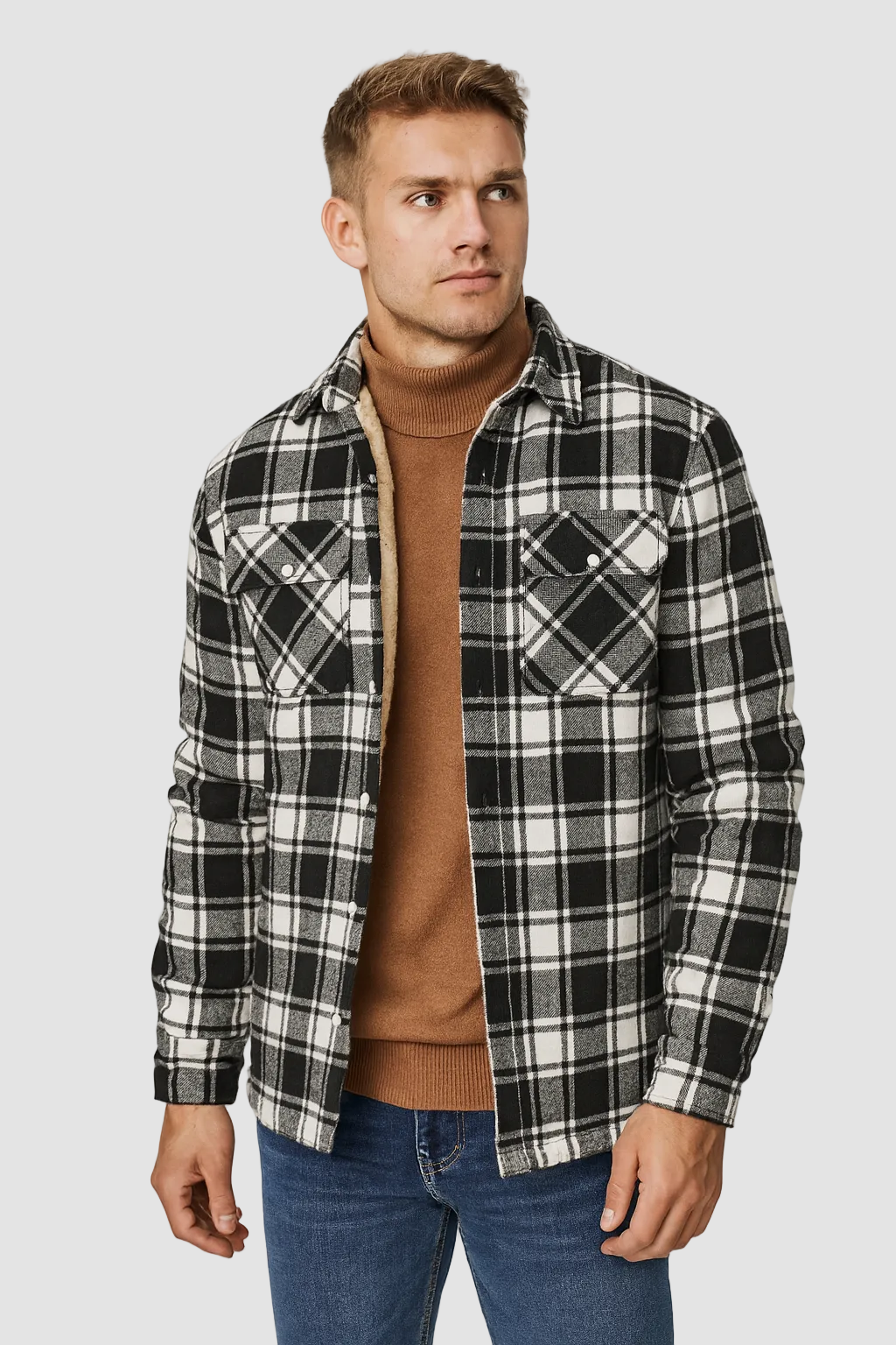 Men's checked shirt jacket with button front, chest pockets and fleece lining