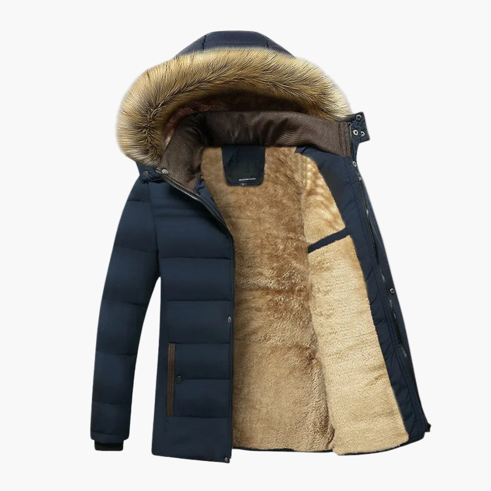 Men's hooded winter parka with fur-trimmed hood and contrasting lined interior