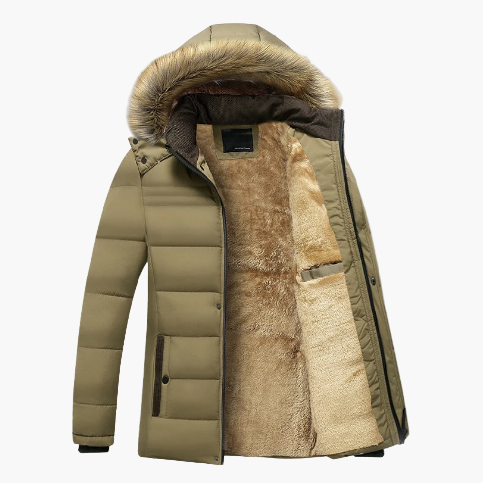 Men's hooded winter parka with fur-trimmed hood and contrasting lined interior