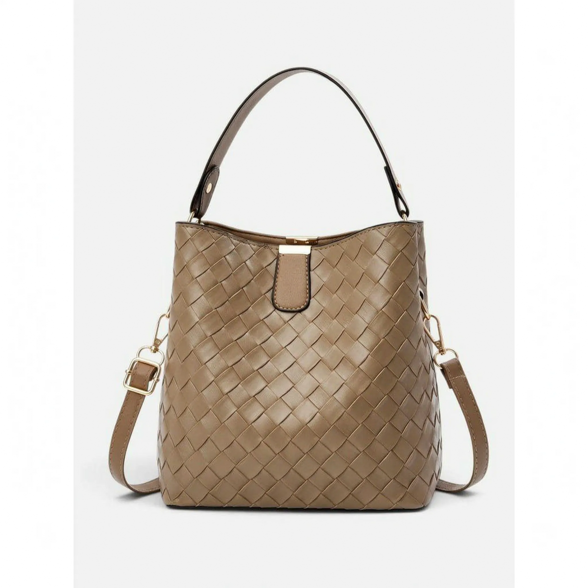 Women's woven bucket bag with rounded shape, top handle and long shoulder strap