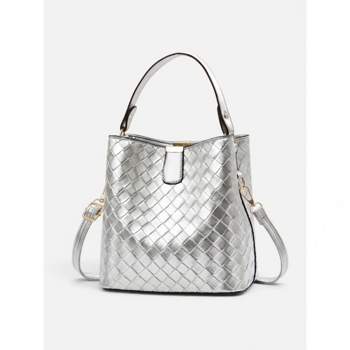 Women's woven bucket bag with rounded shape, top handle and long shoulder strap