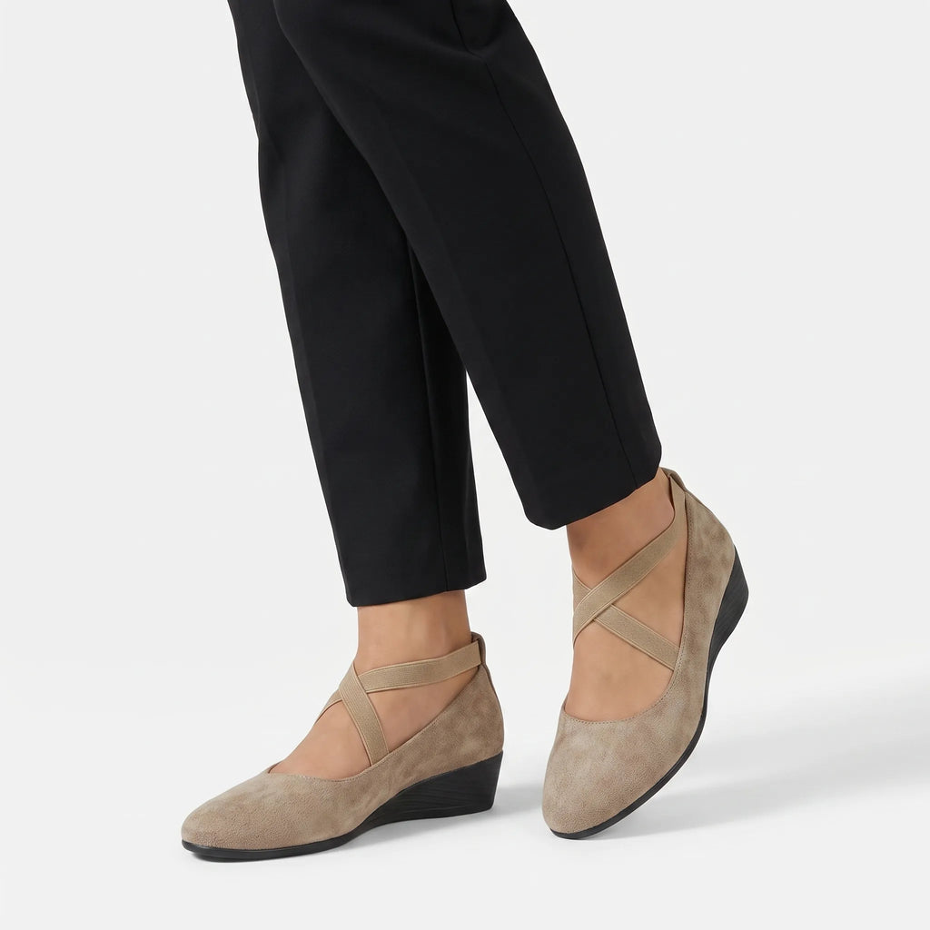 Pointed-toe wedge ballet flats with crossed ankle straps