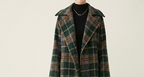 Women's green checked longline coat with notched lapels and tie belt