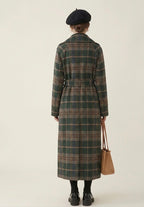Women's green checked longline coat with notched lapels and tie belt