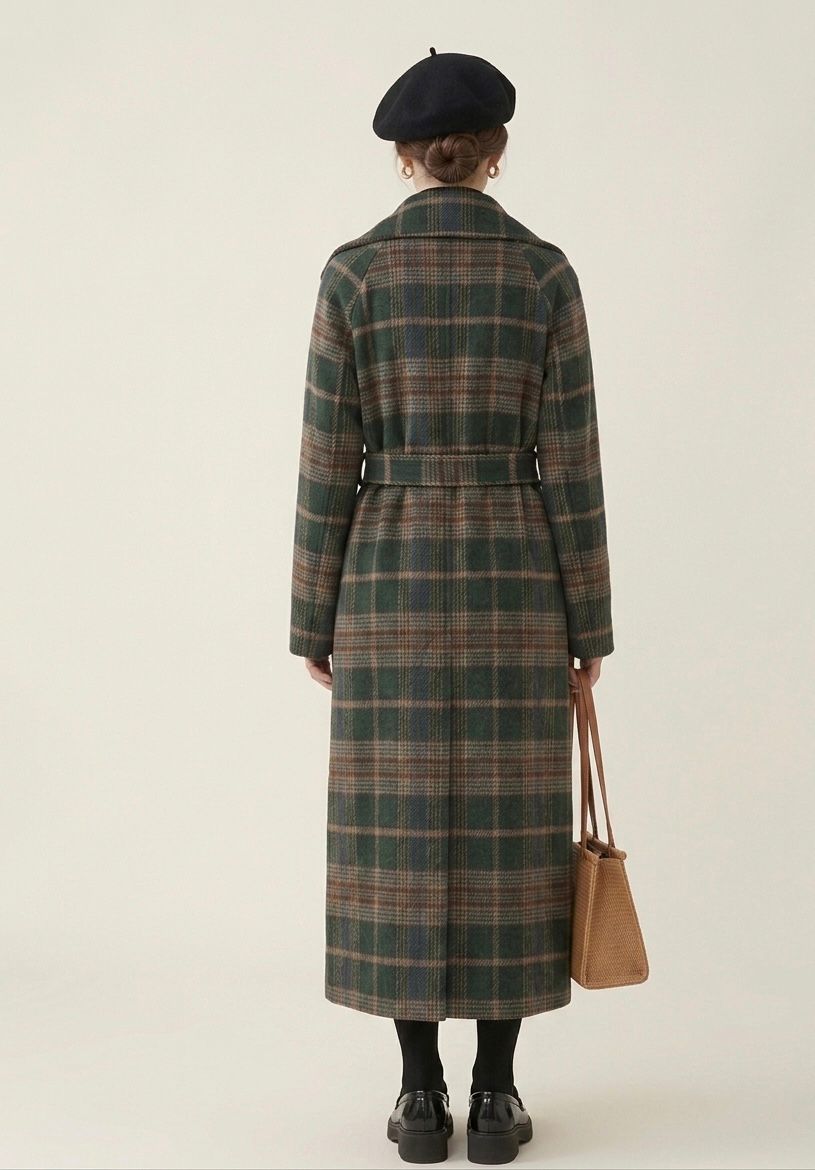 Women's green checked longline coat with notched lapels and tie belt