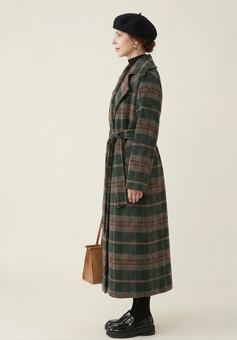 Women's green checked longline coat with notched lapels and tie belt