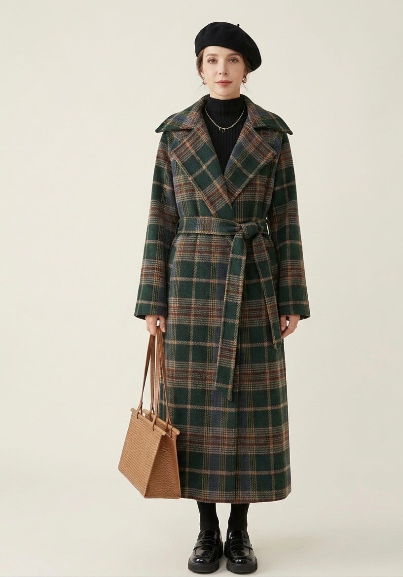 Women's green checked longline coat with notched lapels and tie belt