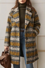 Women's checked longline coat with notched lapels and front pockets