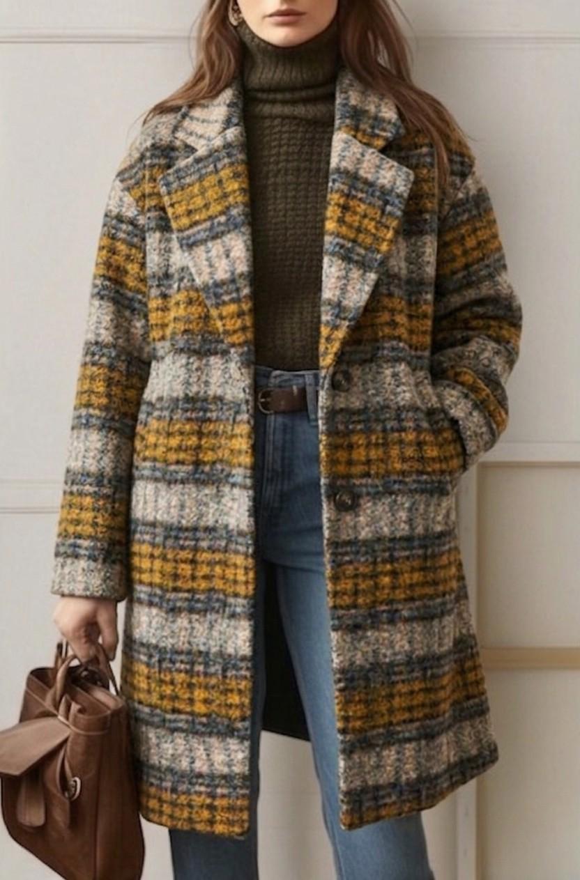 Women's checked longline coat with notched lapels and front pockets