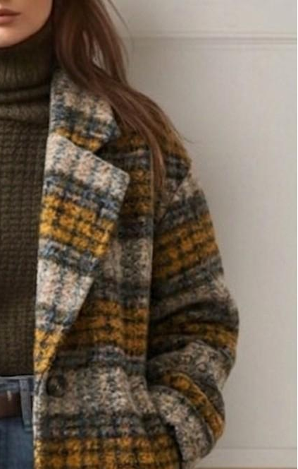Women's checked longline coat with notched lapels and front pockets
