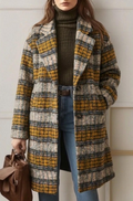 Women's checked longline coat with notched lapels and front pockets
