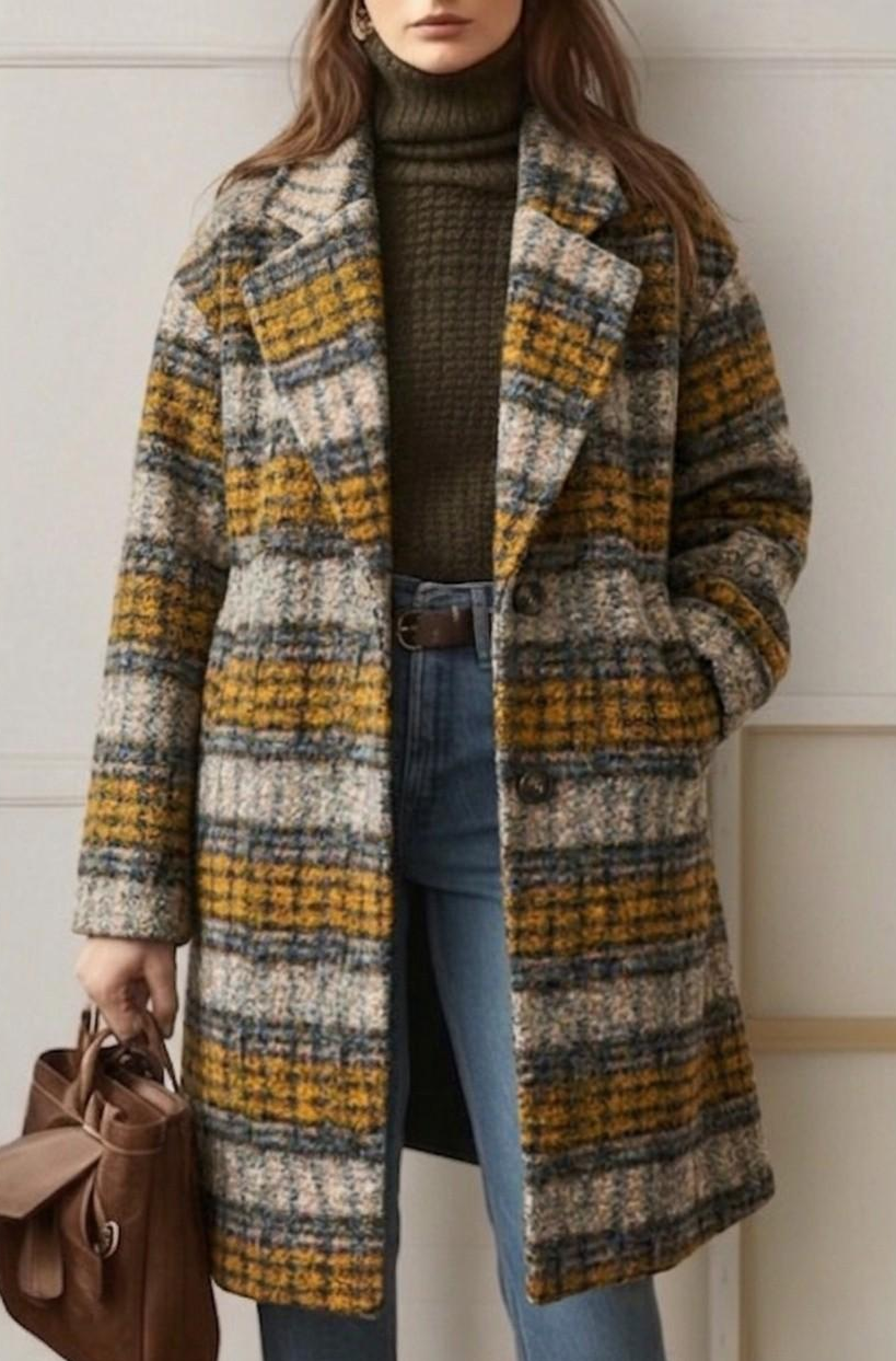 Women's checked longline coat with notched lapels and front pockets