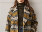 Women's checked longline coat with notched lapels and front pockets