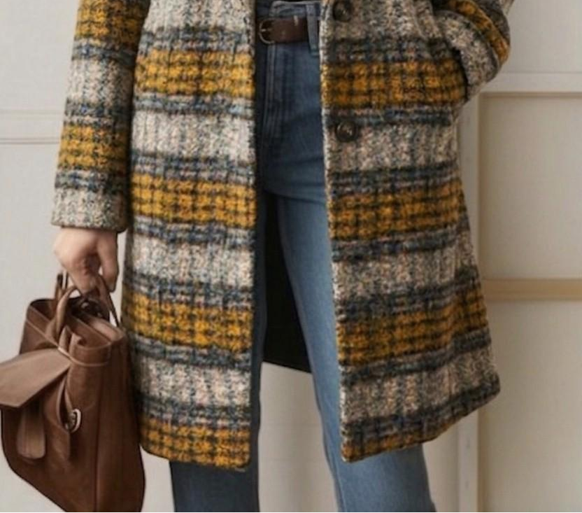 Women's checked longline coat with notched lapels and front pockets