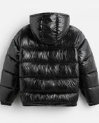 Men's hooded quilted puffer jacket with zip front and angled pockets