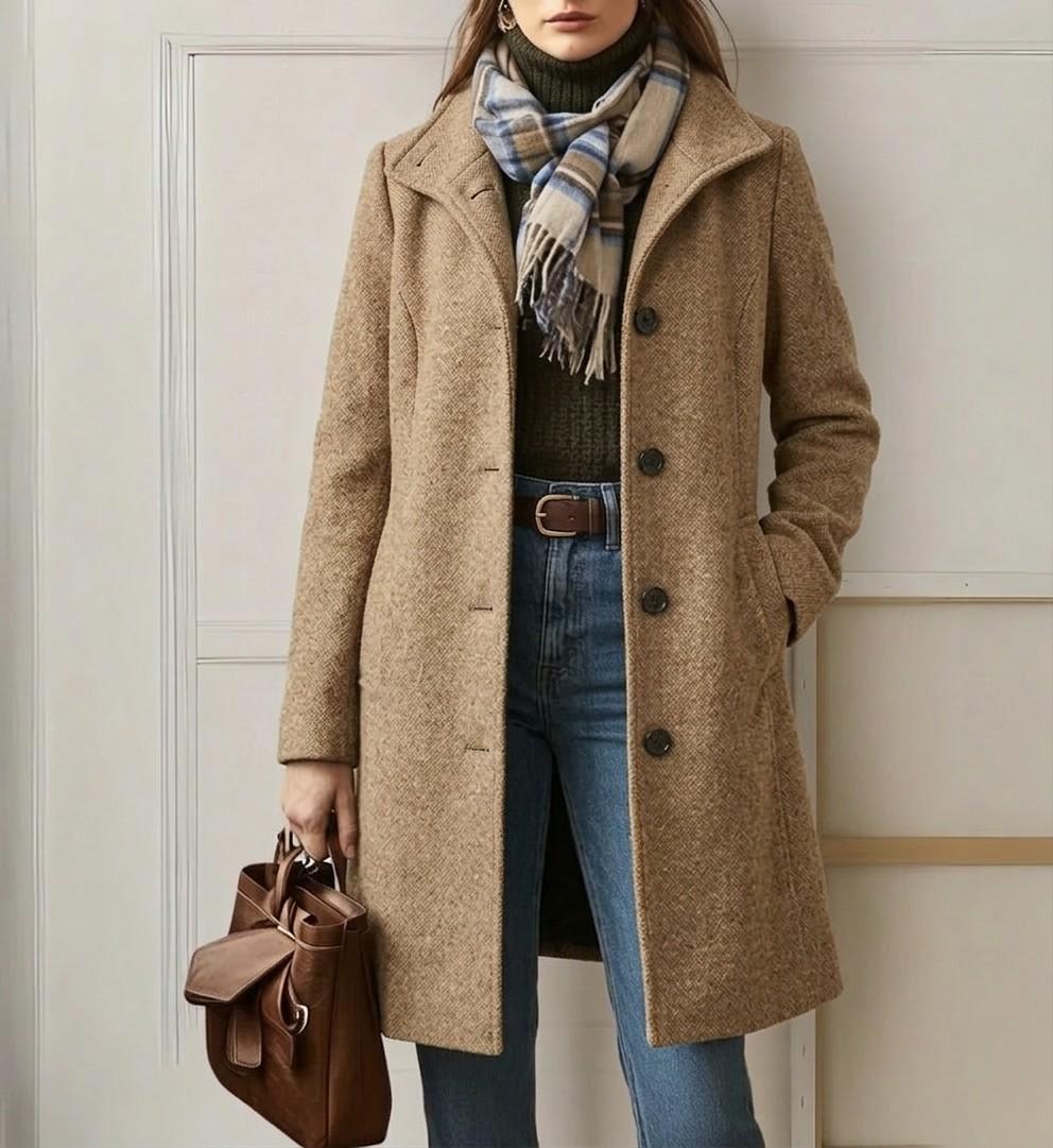 Women's long tailored coat with notched lapels, button front and side pockets